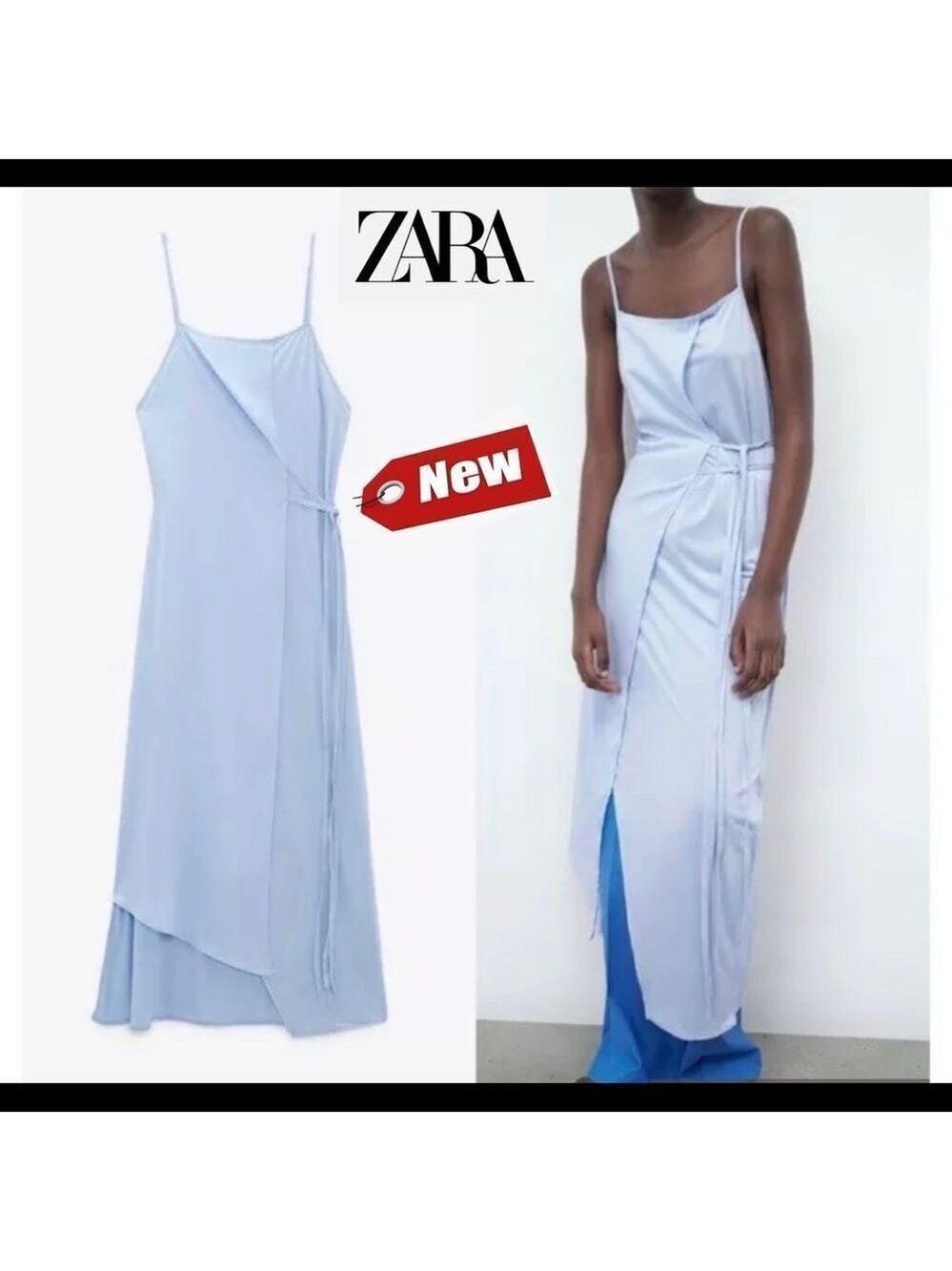 Zara light pastel baby blue spaghetti strap dress Sz L NWT